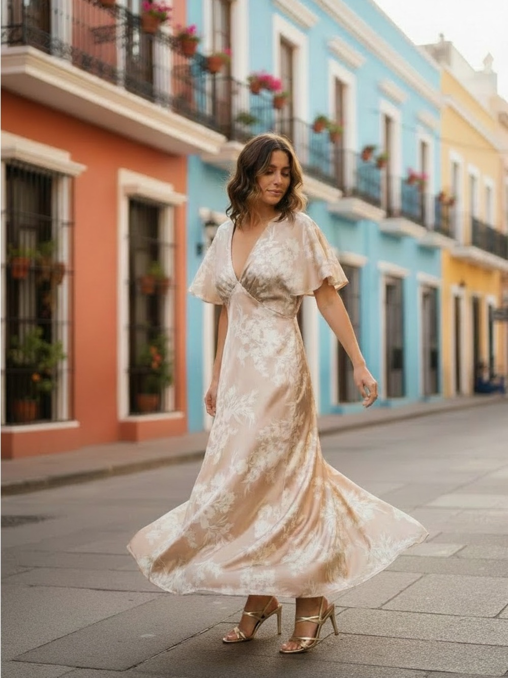 Lucky Brand Satin Floral Maxi Dress NWT Champagne Beige Flutter Sleeve